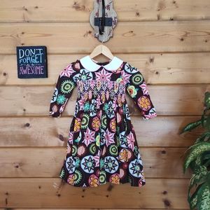 Marmellata 💜Classics Hand Smocked Geo Floral Dress Pleated Collared Preppy Sz 4